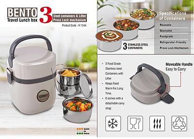 Bento Travel Lunch box with 3 Steel containers & Lifter