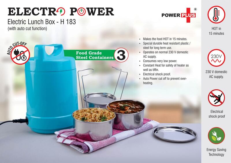Electro Steel: 3 container electric steel lunch box with Auto cut function Electro Steel: 3 container electric steel lunch box with Auto cut function