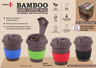 Bamboo Dark Coffee mug: Eco friendly mug with flip top Lid and Anti-Scald sleeve