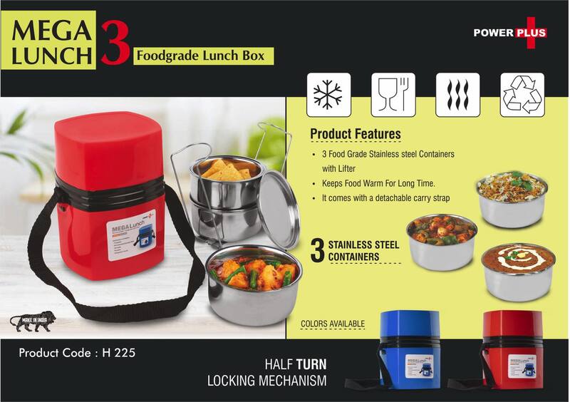 Power Plus Mega Steel Lunch Box- 3 Stainless steel containers with lifter Power Plus Mega Steel Lunch Box- 3 Stainless steel containers with lifter