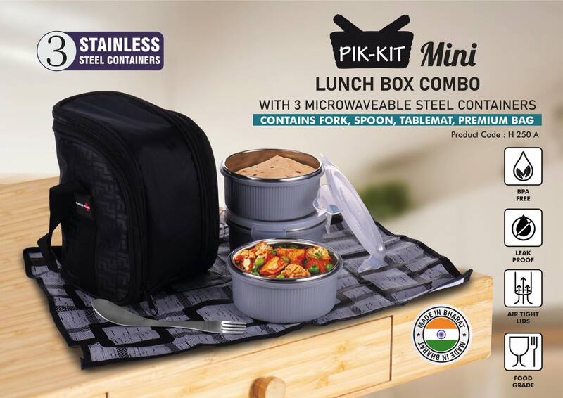 PIK-KIT mini: Lunch box combo with 3 Microwaveable Steel containers PIK-KIT mini: Lunch box combo with 3 Microwaveable Steel containers