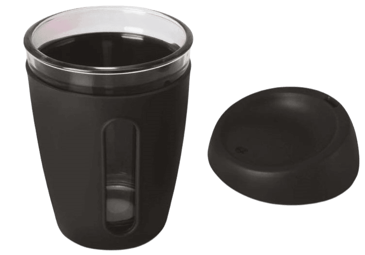 Premia II: Glass mug with Full Silicon Sleeve & lid Premia II: Glass mug with Full Silicon Sleeve & lid