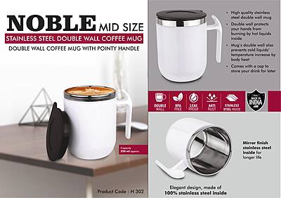 Noble: Mid Size Stainless Steel Double wall Coffee mug with Pointy handle