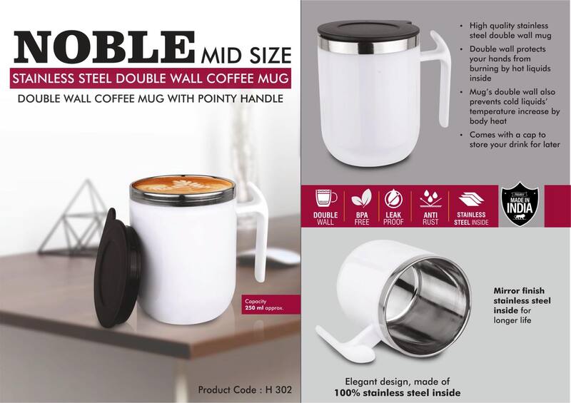Noble: Mid Size Stainless Steel Double wall Coffee mug with Pointy handle Noble: Mid Size Stainless Steel Double wall Coffee mug with Pointy handle
