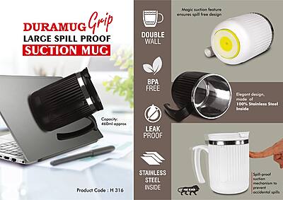 DuraMug Grip: Large Spill Proof steel Suction mug with Flip Top Lid
