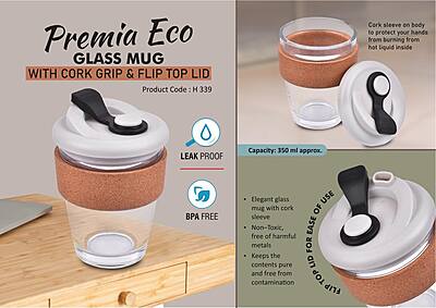 Premia Eco: Glass mug with Cork grip & Flip Top lid
