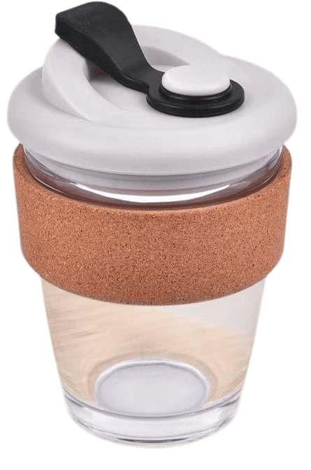 Premia Eco: Glass mug with Cork grip & Flip Top lid Premia Eco: Glass mug with Cork grip & Flip Top lid
