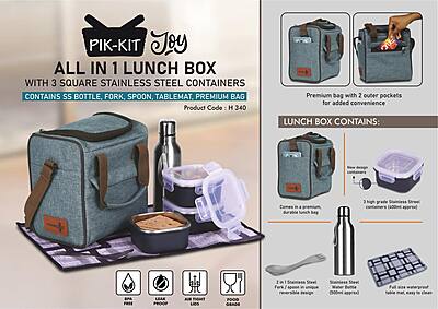PIK-KIT Joy: All in 1 Lunch box with 3 Square Stainless Steel containers with striped design