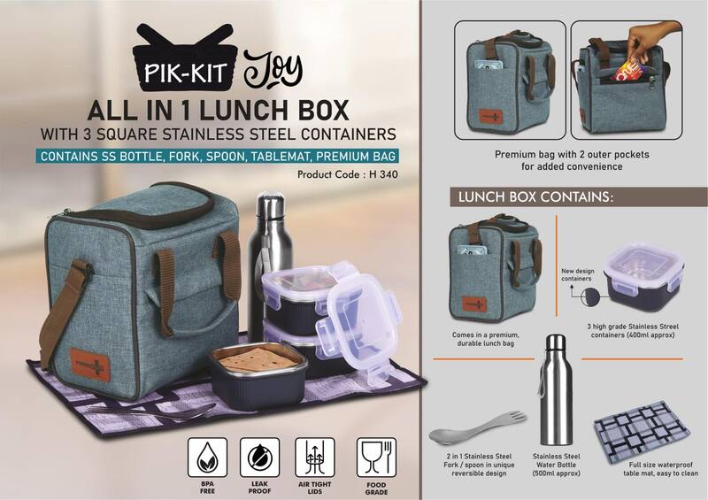 PIK-KIT Joy: All in 1 Lunch box with 3 Square Stainless Steel containers with striped design PIK-KIT Joy: All in 1 Lunch box with 3 Square Stainless Steel containers with striped design