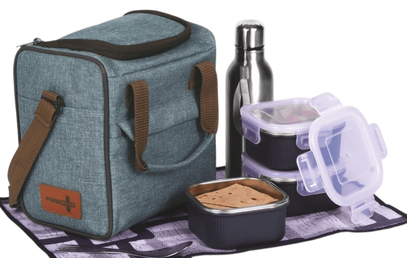 PIK-KIT Joy: All in 1 Lunch box with 3 Square Stainless Steel containers with striped design PIK-KIT Joy: All in 1 Lunch box with 3 Square Stainless Steel containers with striped design
