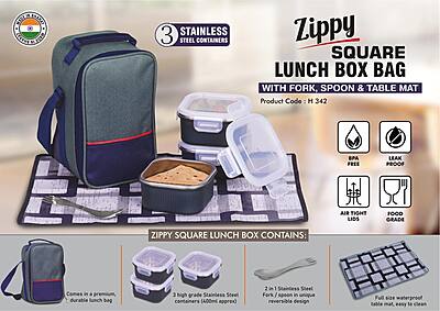 Zippy Square: Lunch box bag with 3 Square Stainless steel containers with striped