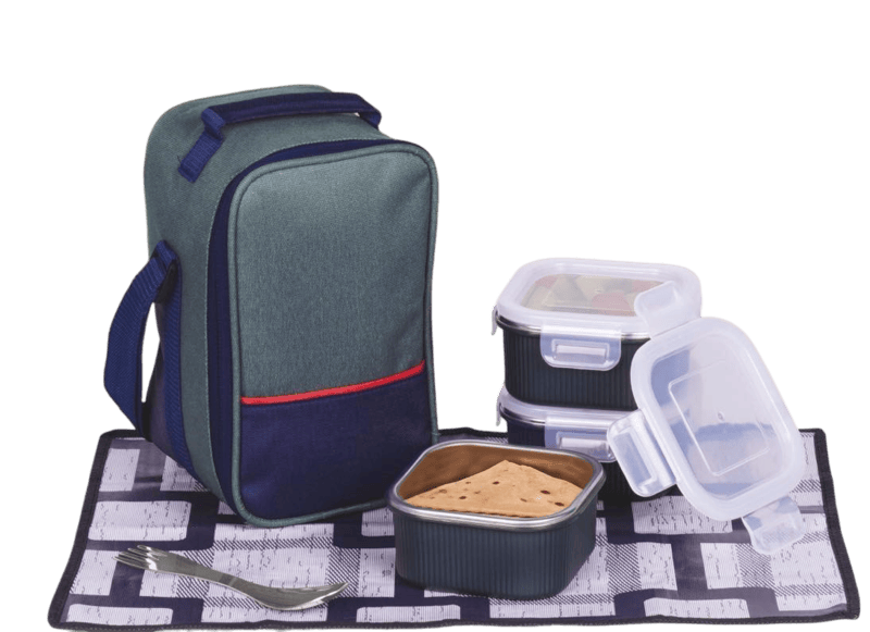 Zippy Square: Lunch box bag with 3 Square Stainless steel containers with striped Zippy Square: Lunch box bag with 3 Square Stainless steel containers with striped
