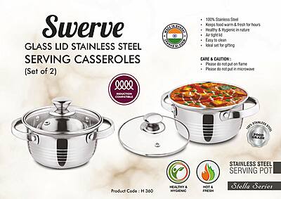 Swerve: Glass lid Stainless Steel Serving Casseroles