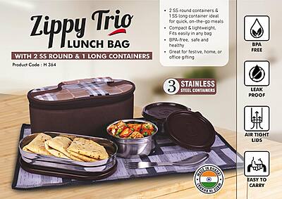Zippy Trio: Lunch bag with 2 SS round containers, 1 SS long container, Spoon, Fork and Tablemat