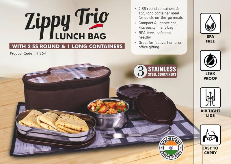 Zippy Trio: Lunch bag with 2 SS round containers, 1 SS long container, Spoon, Fork and Tablemat Zippy Trio: Lunch bag with 2 SS round containers, 1 SS long container, Spoon, Fork and Tablemat