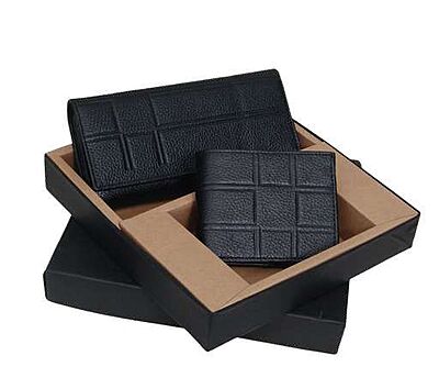 BLACK NDM GENUINE LEATHER CHECK COMBO GIFT SET