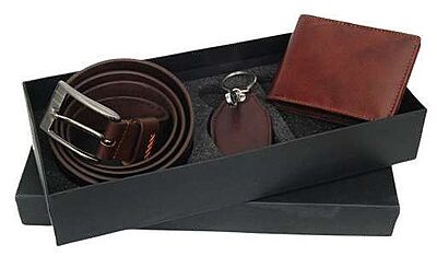 3 IN 1 BROWN GENUINE LEATHER  BELT GIFT SET