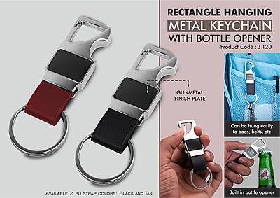 Rectangle hanging metal keychain with Bottle Opener & PU strap