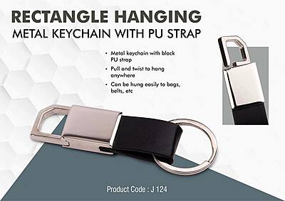 Rectangle hanging metal keychain with PU strap