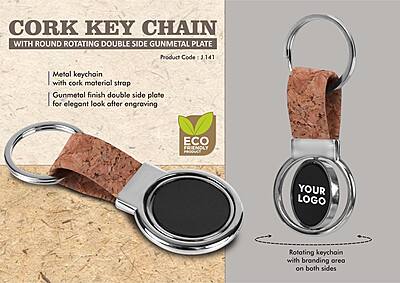 Cork Key chain with Round Rotating Double side Gunmetal plate