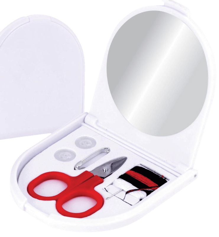 Folding mirror with sewing kit Folding mirror with sewing kit