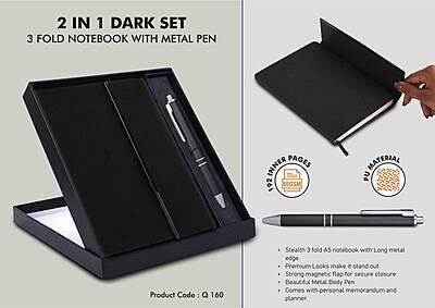 2 in 1 Dark Set: 3 fold Notebook with Metal Pen