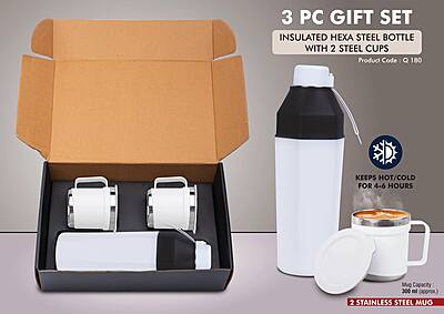 3 pc Gift Set : Insulated Square Steel bottle with 2 Steel cups