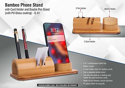 Bamboo phone stand with card holder and double pen stand