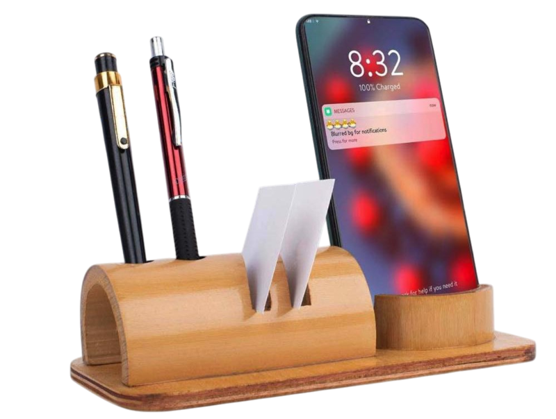 Bamboo phone stand with card holder and double pen stand