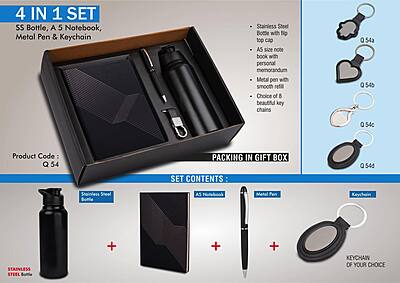 4 in 1 set: Stainless Steel bottle, metal pen, Metal keychain, A5 notebook