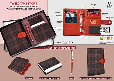 Tweed Tan Set of 4: Multi use Passport holder, Wallet, Card holder, Metal Pen