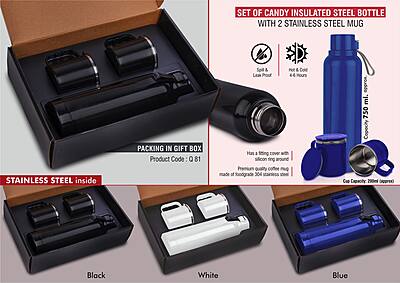 Set of Candy Insulated Steel Bottle with 2 Stainless Steel cups in Gift box