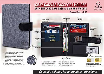 Gray Canvas Passport holder with Sim Card Safe Case