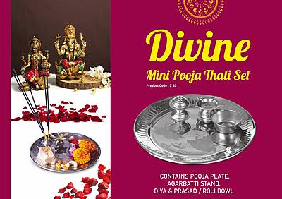 Divine Mini Pooja Thali set | Contains Pooja Plate, Agarbatti stand, Diya, Prasad bowl