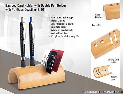 Bamboo Card Holder With Double Pen Holder (With Pu Gloss Coating)
