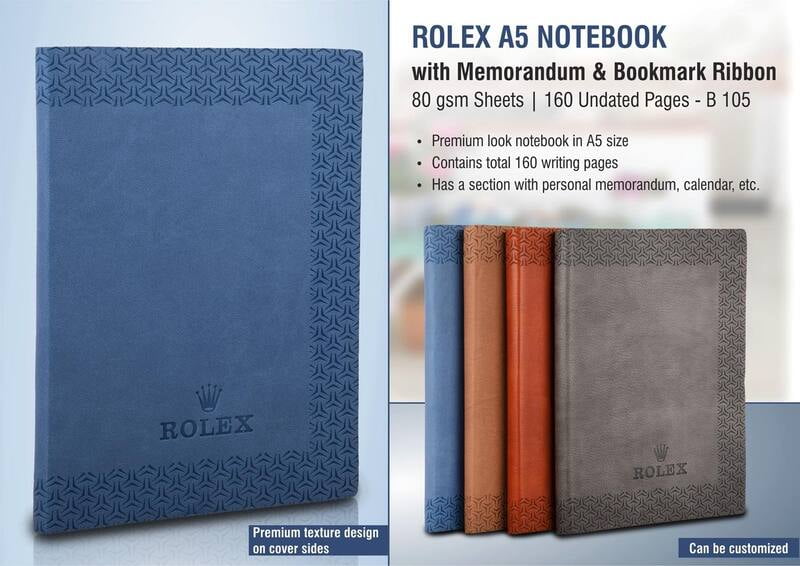 Rolex A5 Notebook With Memorandum & Bookmark Ribbon| 80 Gsm Sheets | 160 Undated Pages