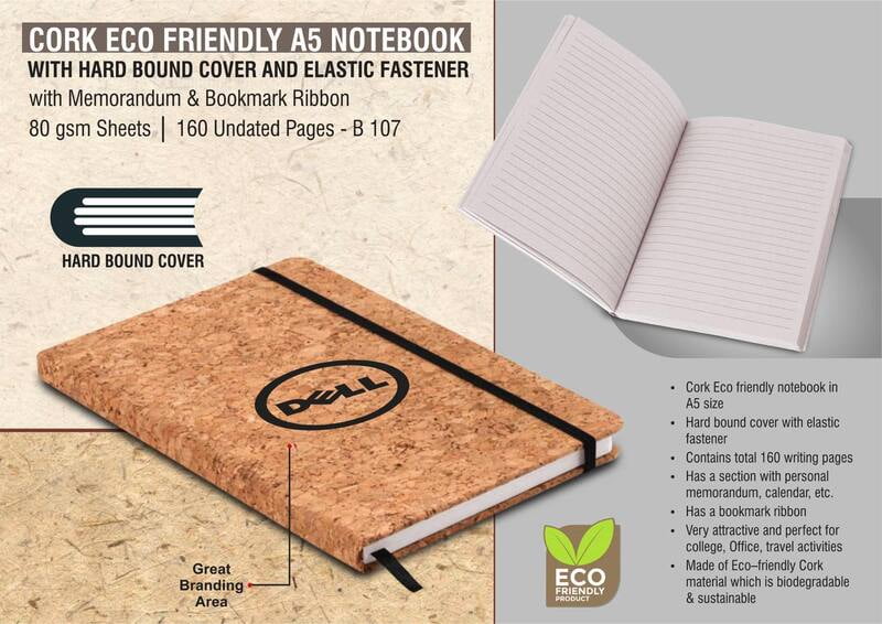 Cork Eco Friendly A5 Notebook With Hard Bound Cover And Elastic Fastener | With Memorandum & Bookmark Ribbon | 80 Gsm Sheets | 160 Undated Pages