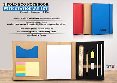 3 Fold Eco Notebook With Stationary Set | Customizable Notepad