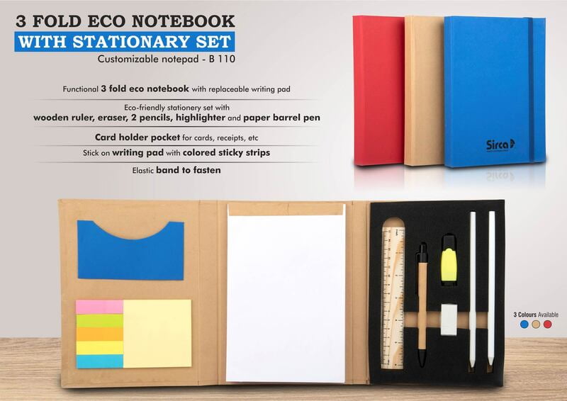 3 Fold Eco Notebook With Stationary Set | Customizable Notepad