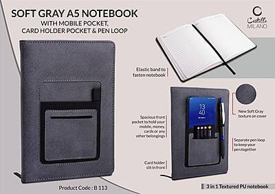 Soft Gray A5 Notebook With Mobile Pocket, Card Holder Pocket & Pen Loop By Castillo Milano