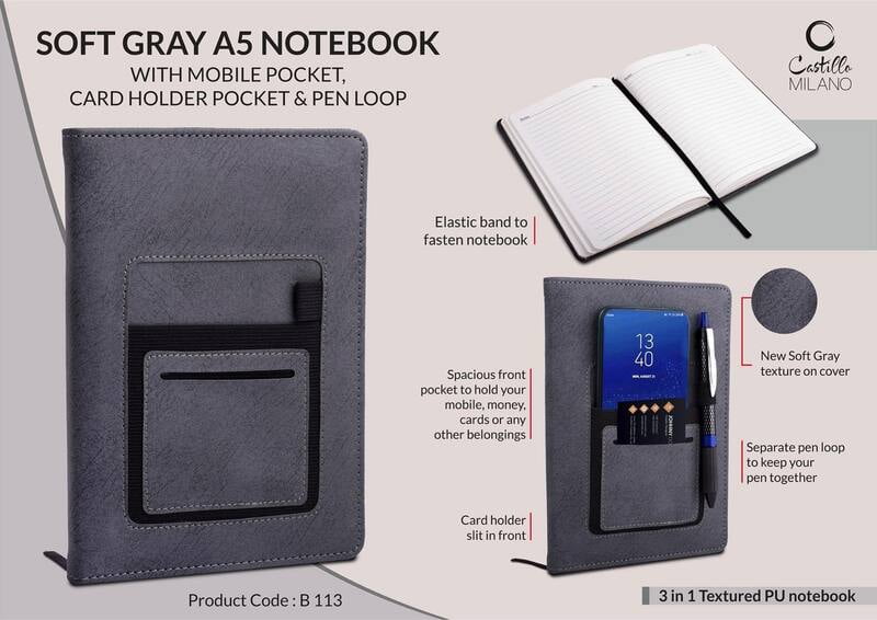 Soft Gray A5 Notebook With Mobile Pocket, Card Holder Pocket & Pen Loop By Castillo Milano