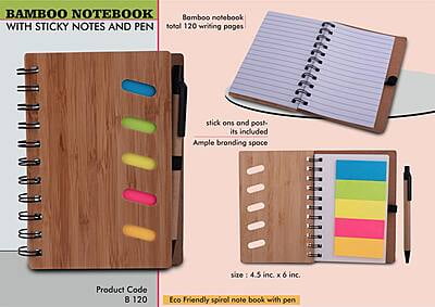 Bamboo Notebook With Sticky Notes And Pen