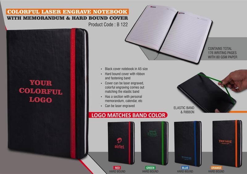 Colorful Laser Engrave Notebook With Memorandum & Hard Bound Cover | Elastic Band And Ribbon | Logo Matches Band Color Colorful Laser Engrave Notebook With Memorandum & Hard Bound Cover | Elastic Band And Ribbon | Logo Matches Band Color