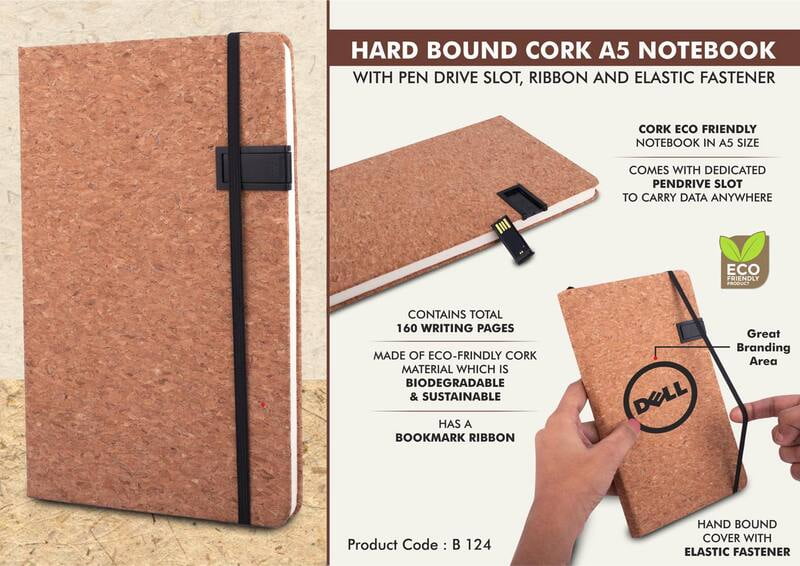 Hard Bound Cork A5 Notebook With Pen Drive Slot, Ribbon And Elastic Fastener