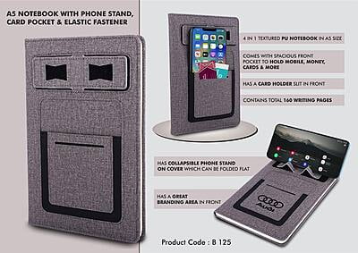 A5 Notebook With Phone Stand, Card Pocket, Mobile Pocket, Pen Loop & Elastic Fastener