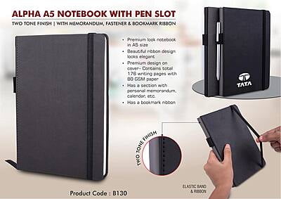 Alpha A5 Notebook With Pen Slot | Two Tone Finish | With Memorandum, Fastener & Bookmark Ribbon