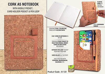 Cork A5 Notebook With Mobile Pocket, Card Holder Pocket & Pen Loop Cork A5 Notebook With Mobile Pocket, Card Holder Pocket & Pen Loop