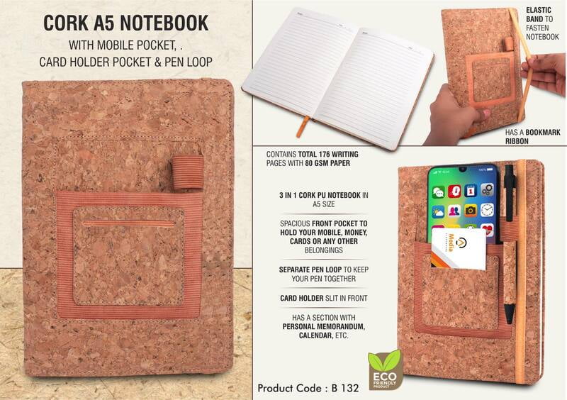 Cork A5 Notebook With Mobile Pocket, Card Holder Pocket & Pen Loop Cork A5 Notebook With Mobile Pocket, Card Holder Pocket & Pen Loop