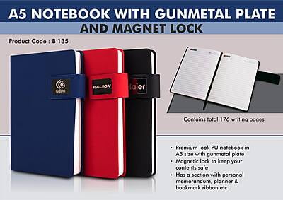A5 Notebook With Gunmetal Plate And Magnet Lock | Hard Bound Cover | Pages With Memorandum, Month Planner & Bookmark Ribbon | 176 Writing Pages