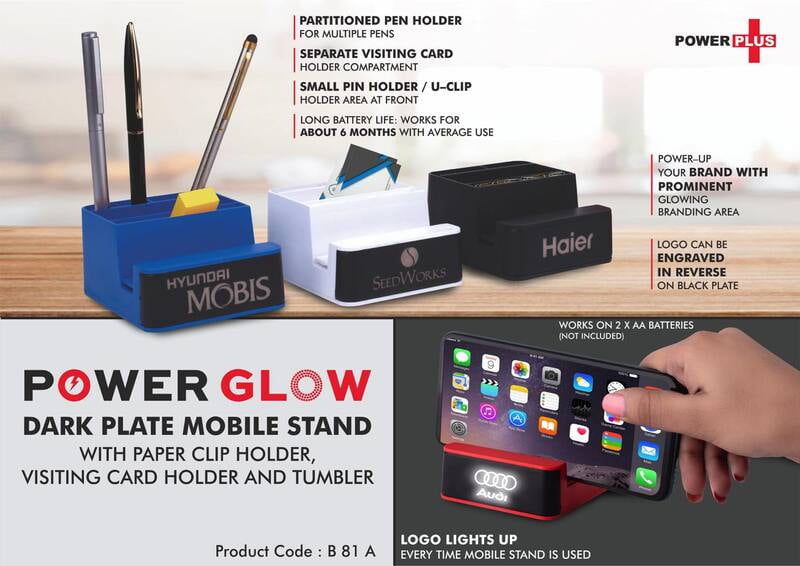 Powerglow Dark Plate Mobile Stand | With Paper Clip Holder, Visiting Card Holder And Tumbler | Works On 2 X Aa Batteries